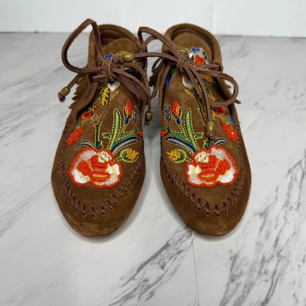 Tory Burch Huntington Fringe Embroidered Brown Suede Moccasins 6M